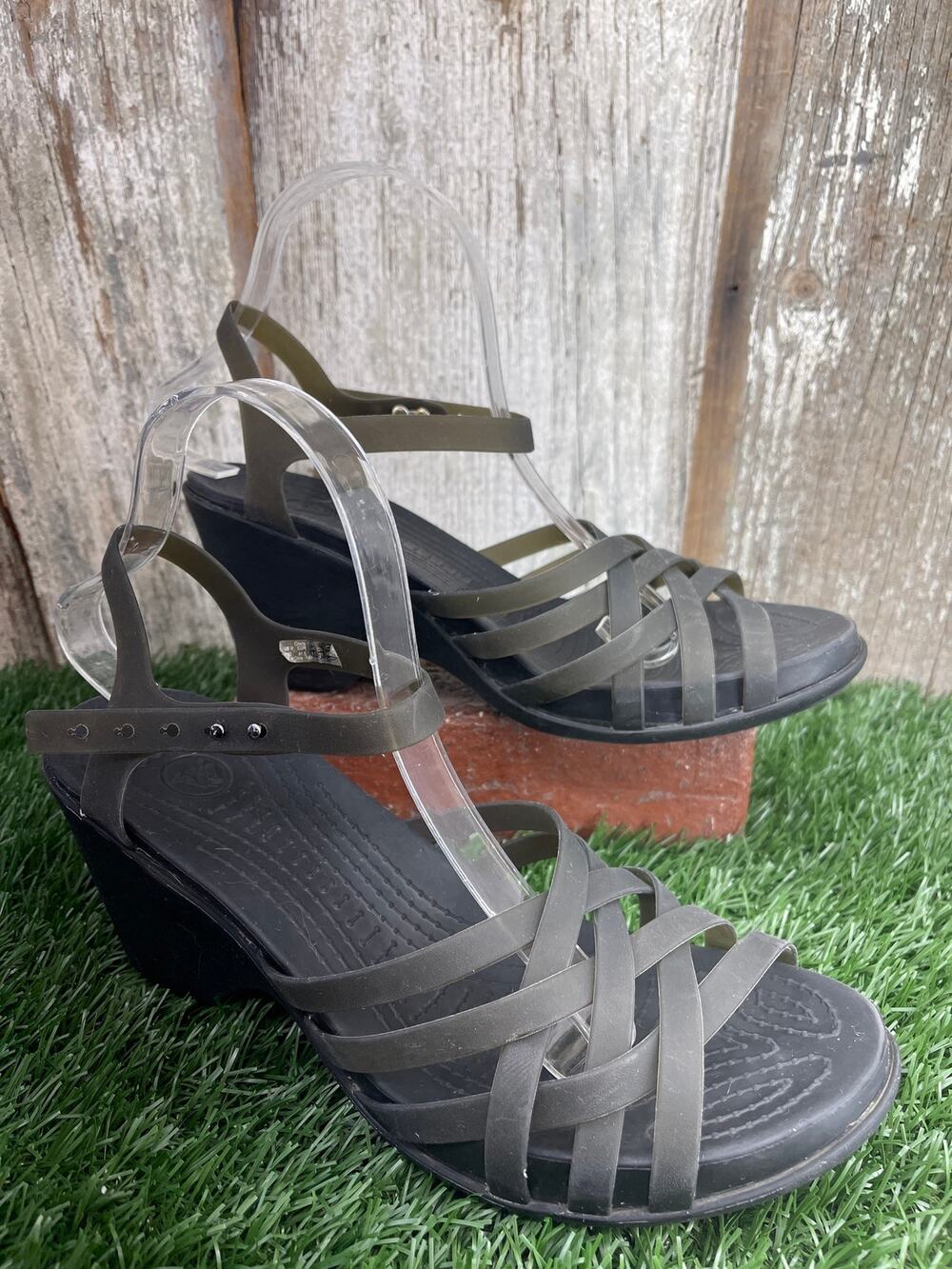 Crocs Huarache Wedge Sandals Translucent Crisscross Straps Black Heel Women's 10